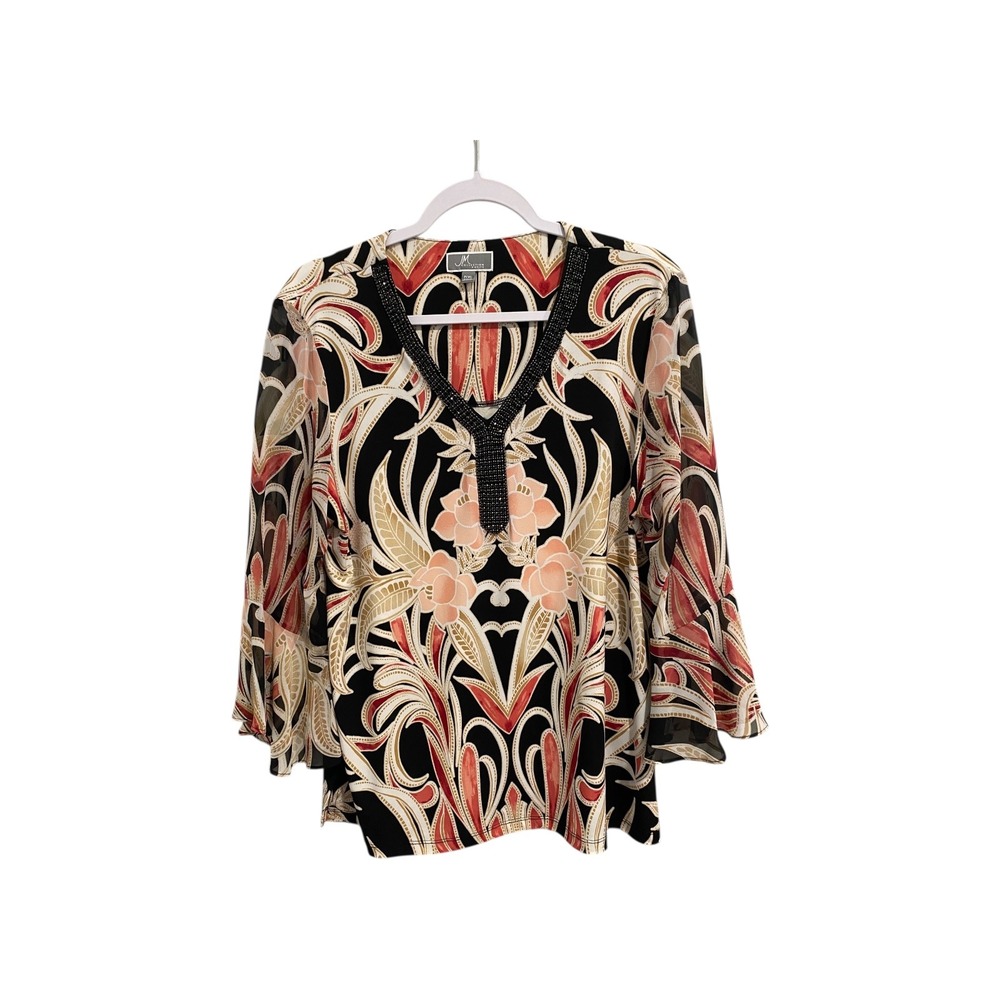 JM Collection‎ Petite Black Beaded V-Neck Floral Print Bell Sleeve Top P/XL